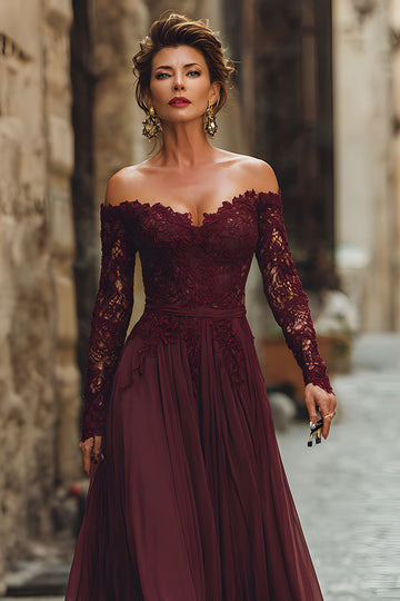 Cabernet Une ligne dénudée épaule longue mère de la mariée robe avec dentelle